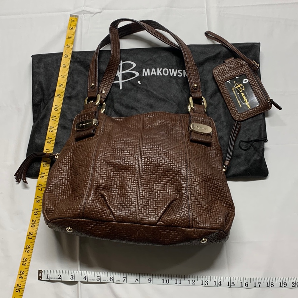 B. Makowsky Embossed Leather Handbag with Draw String Storage Bag & ID Wristlet